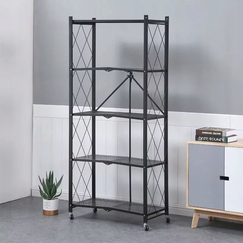 Raft depozitare metalic, pliabil, pe roti, 5 polite, Negru, 50 kg, 72x34x163 cm