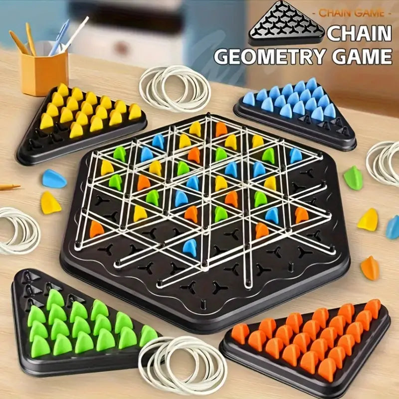 Joc interactiv de sah, educativ, cu benzi de cauciuc si triunghiuri geometrice, pentru copii