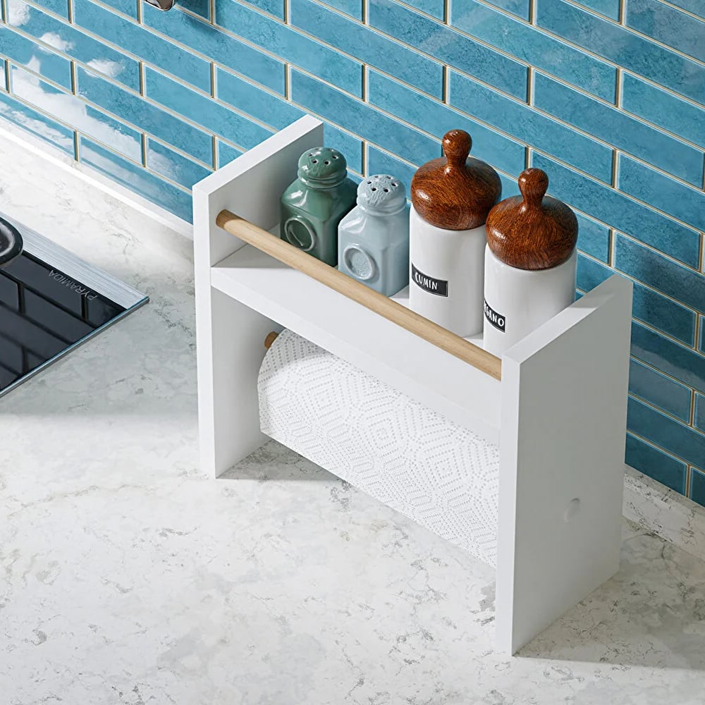 Raft lemn bucatarie 2 in 1 cu suport prosop hartie, organizator condimente, 30x13.5x29 cm