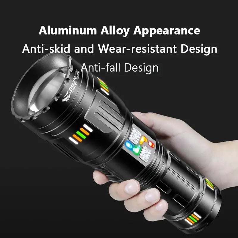 Lanterna profesionala cu led laser, 5km raza actiune, 30000 lumeni, 6 moduri luminare, 90W, incarcare USB-C, baterii incluse