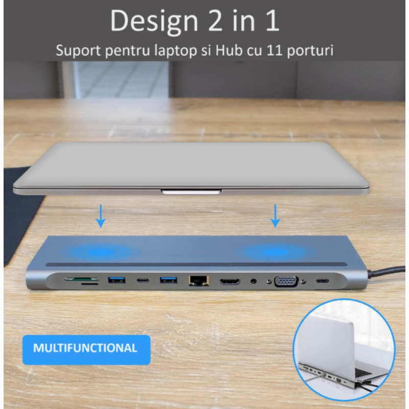 Adaptor hub USB-C 11 in 1 cu HDMI 4K, LAN, VGA, USB 3.0 si cititor card
