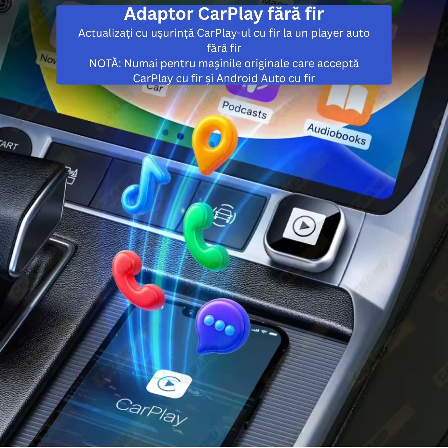 Adaptor wireless CarPlay si Android Auto 2 in 1 din aliaj de zinc, culoare auriu sampanie, compatibil universal