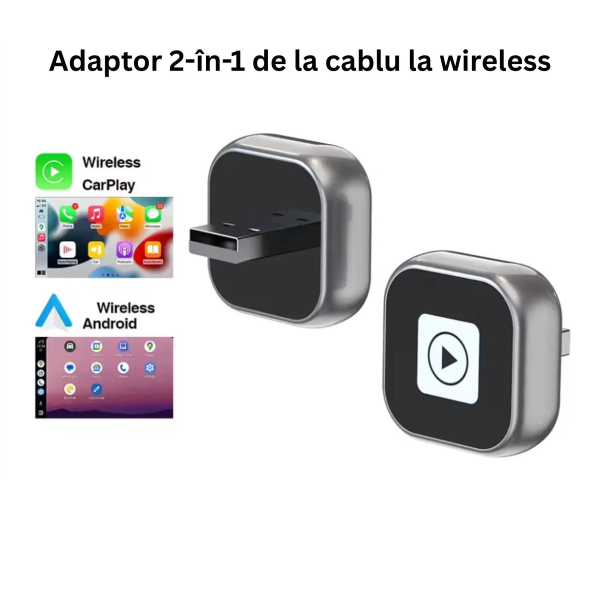 Adaptor wireless CarPlay si Android Auto 2 in 1 din aliaj de zinc, culoare auriu sampanie, compatibil universal