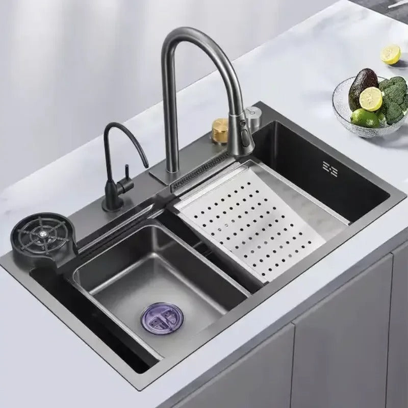 Set chiuveta bucatarie cu baterie cu dus extractibil și accesorii, culoare gri antracit