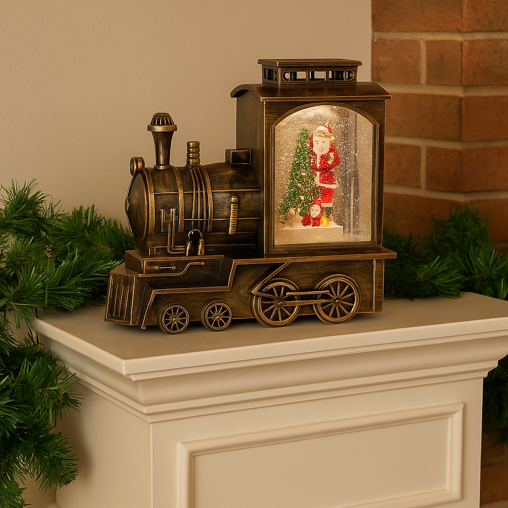 Tren Locomotiva Decorativa, Glob Craciun cu Mos Craciun, Bradut si Ninsoare, Functie Muzicala, Iluminare LED, Unibox