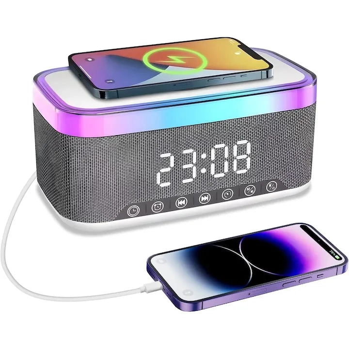 Ceas Digital 6in1 cu Incarcare Wireless 15W Boxa Bluetooth Lampa LED Radio FM - detaliu produs