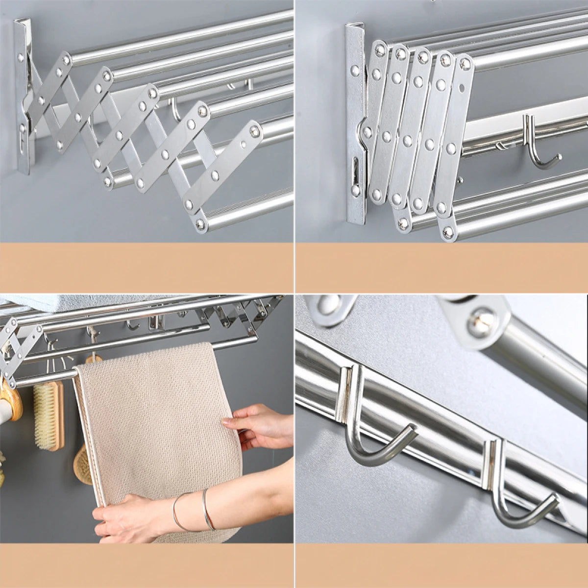 Suport pliabil pentru prosoape, inox, 7 bare, 5 carlige, 12-35.5 cm x 58 cm x 14.5 cm, argintiu