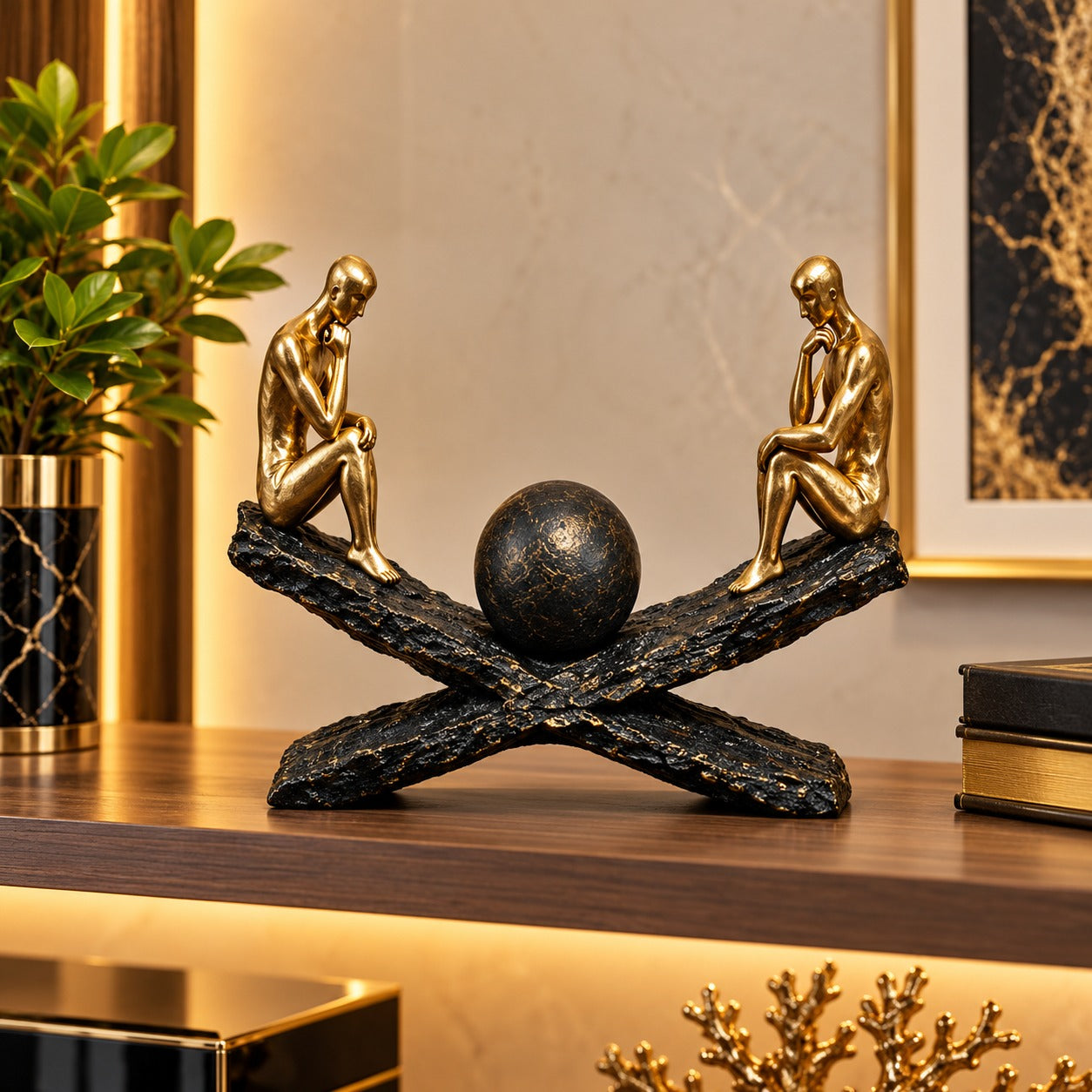 Statuetă Decorativă Premium „Echilibru și Reflecție”, din Rășină, cu Două Siluete Aurii – 29 × 21 cm - detaliu produs