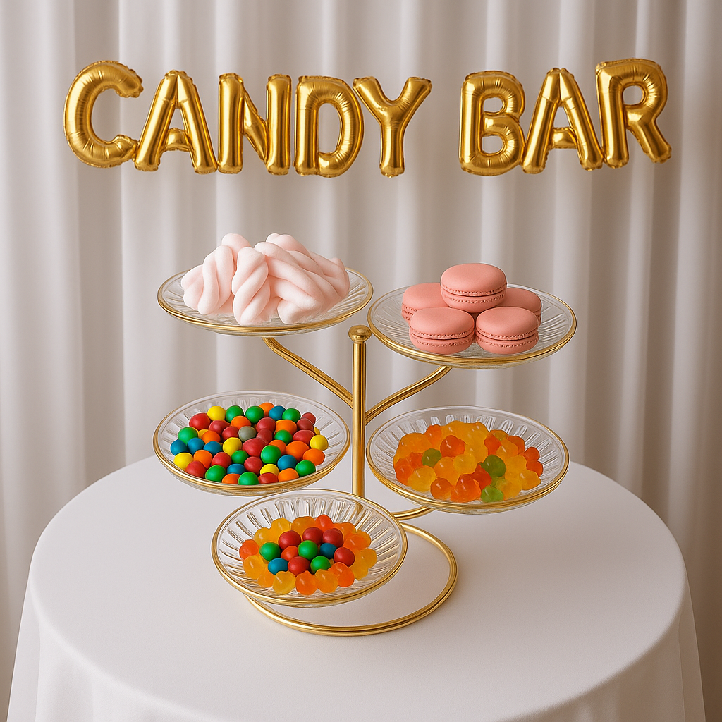 Etajera Eleganta din Sticla cu 5 Tavi pe Suport Auriu – Perfecta pentru Candy Bar, Petreceri sau Evenimente