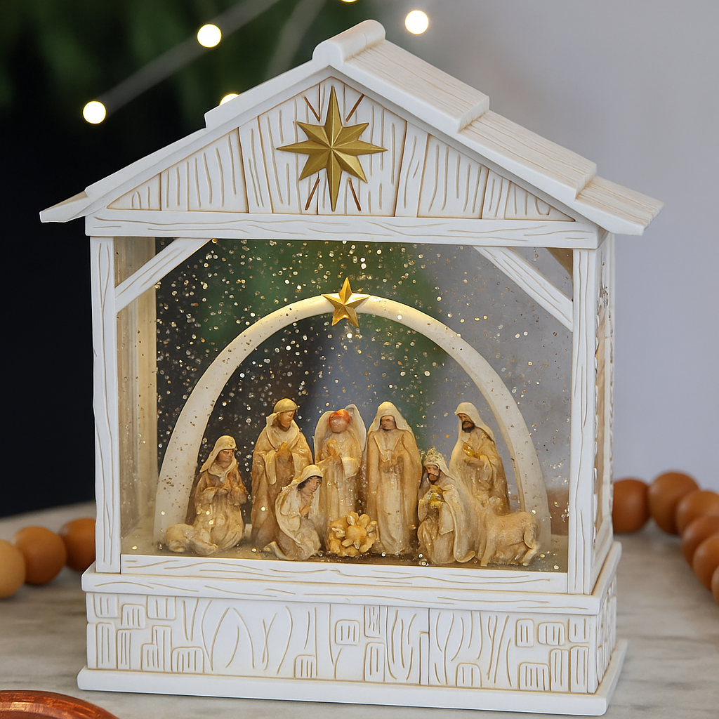 Glob muzical decorativ Craciun - Nasterea Domnului cu sclipici si lumina, 25cm