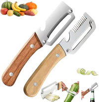 Set 2 curatatoare multifunctionale 2 in 1 pentru fructe si legume, cu deschizator de sticle integrat, lame din otel inoxidabil si maner din lemn - detaliu produs