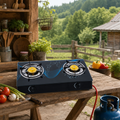 Aragaz Plita Camping 2 Arzatoare Sticla Neagra Securizata Fonta Alama Aprindere Quartz GPL