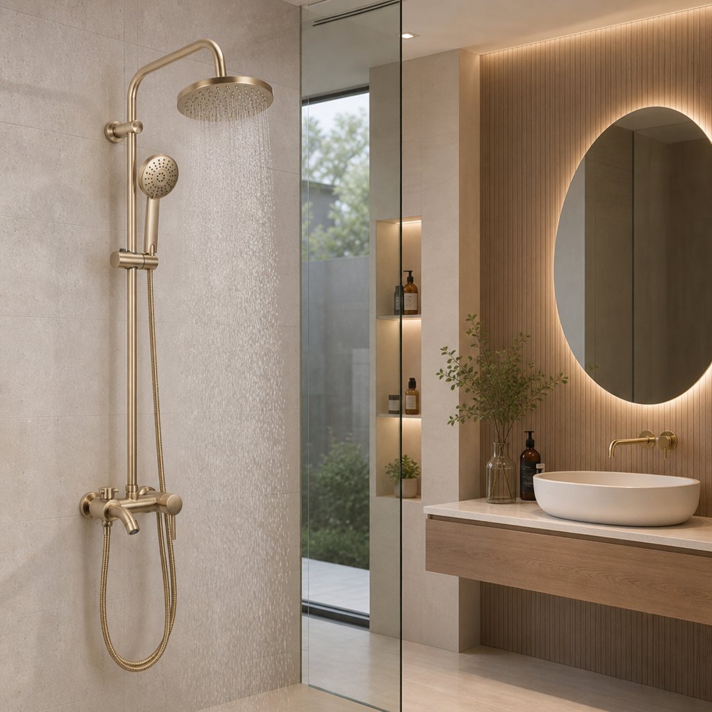 Coloana Dus Premium Gold Brush Efect Ploaie 3 Functii Baterie Monocomanda Perete - in context de utilizare