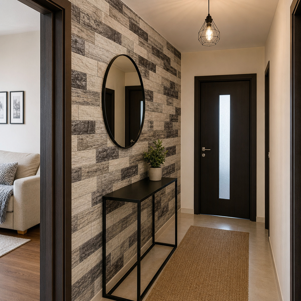 Tapet decorativ 3D cu model cărămidă, bej-maro-gri – 70 × 70 cm - in context de utilizare