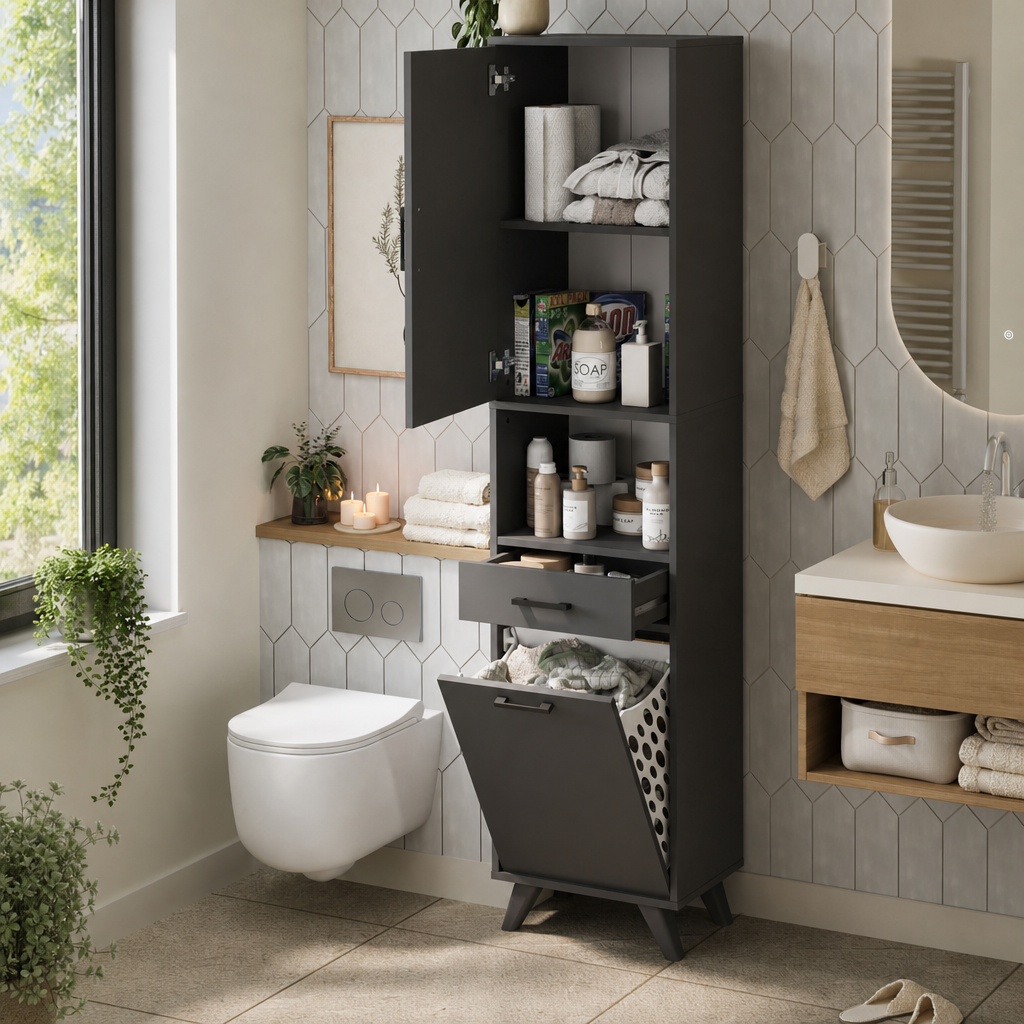 Dulap Baie Suspendat Alb 202cm Laundry Cabinet Waterfall Design Modern - in context de utilizare