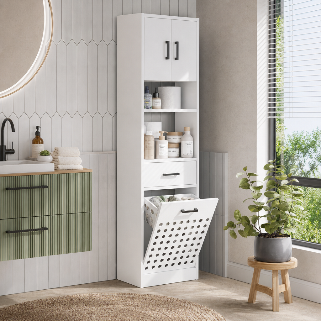 Dulap Baie Suspendat Alb 202cm Laundry Cabinet Waterfall Design Modern - in context de utilizare
