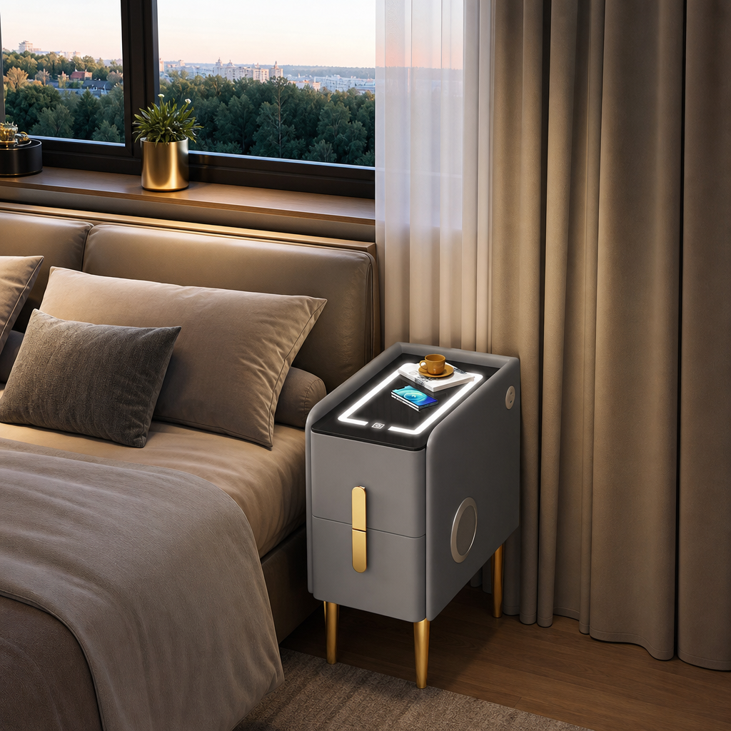 Noptiera Inteligenta cu Lampa LED Control Voce Bluetooth Incarcare Wireless - in context de utilizare