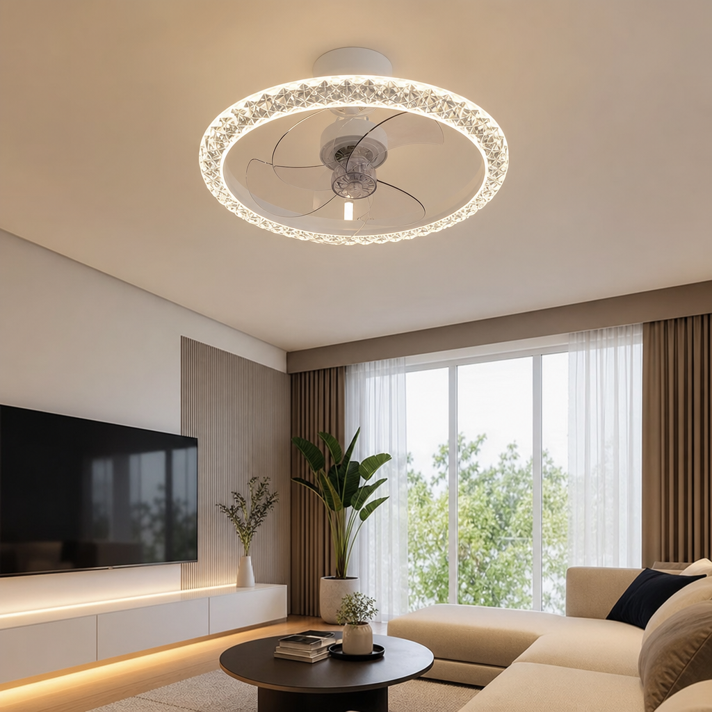 Lustra LED cu Ventilator Alba Rotunda Minimalist Design Modern - in context de utilizare