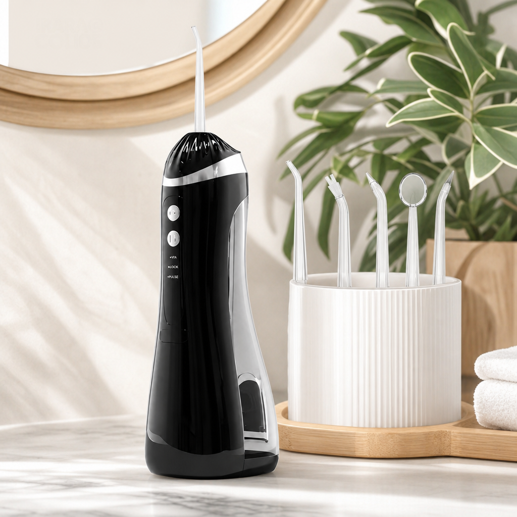 Irigator Oral Portabil Reîncărcabil USB – 1400 impulsuri/min, 4 moduri, 8 intensități, rezervor 200 ml, 6 duze - in context de utilizare