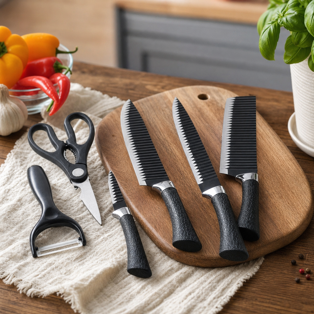 Set cuțite de bucătărie 6 piese – cuțite negre, foarfecă și curățător - in context de utilizare