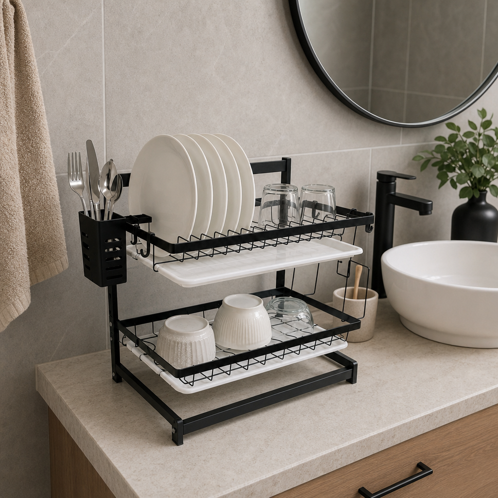 Scurgator Vase Pe 2 Niveluri Cadru Metalic Negru 40x40x23.5 Cm Cu Suport Tacamuri - in context de utilizare