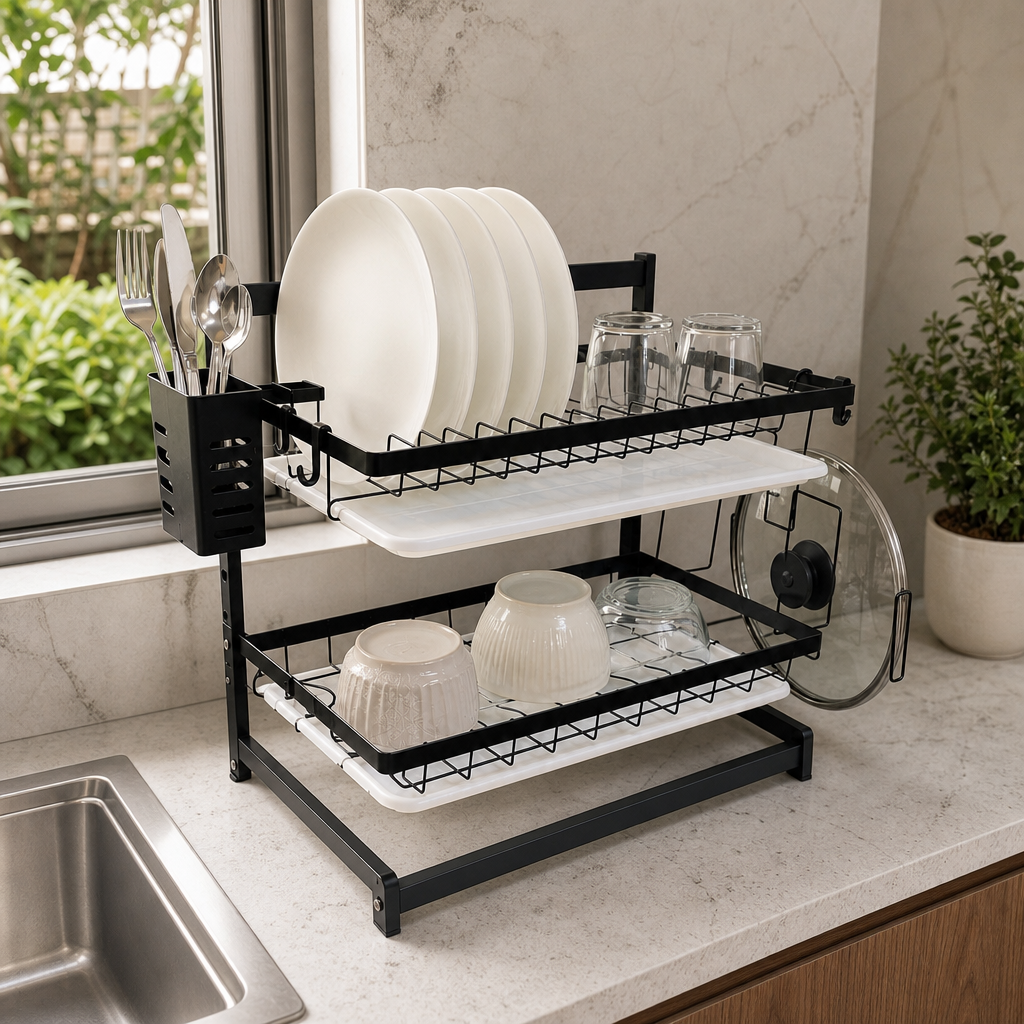 Scurgator Vase Pe 2 Niveluri Cadru Metalic Negru 40x40x23.5 Cm Cu Suport Tacamuri - in context de utilizare