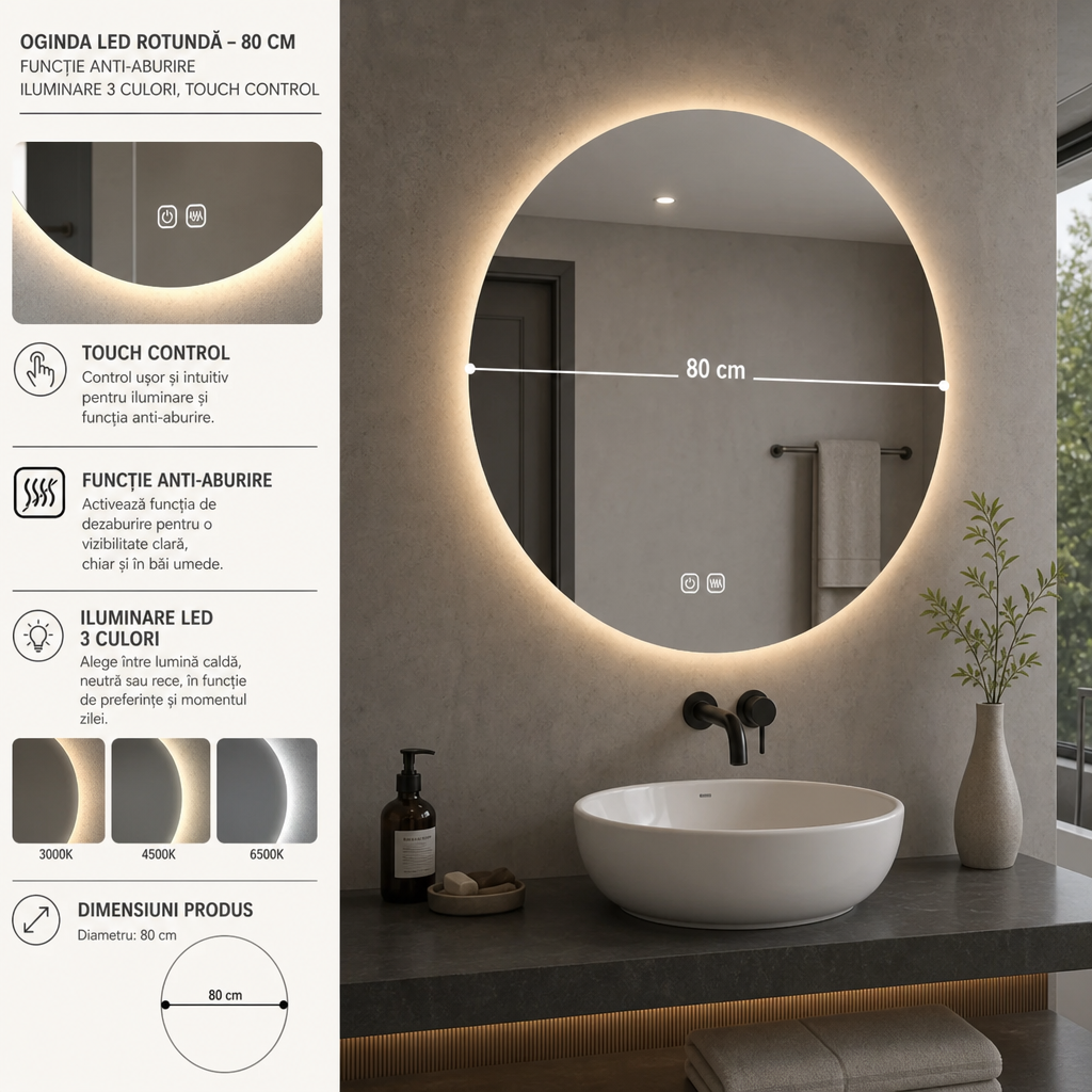 Oglinda baie 80 cm cu Functie Anti-aburire, Iluminare LED 3 Culori, Touch Control