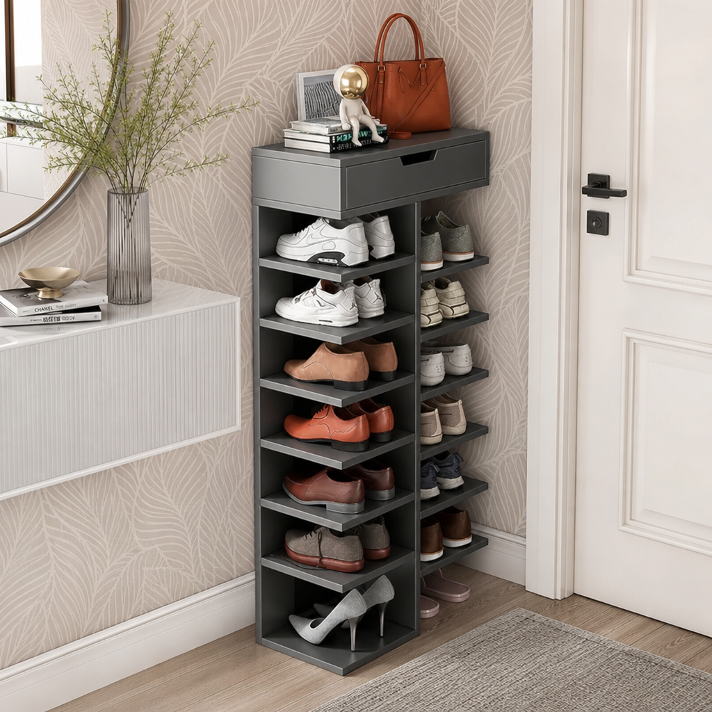 Pantofar cu 7 Etaje si Sertar Superior din PAL Gri/Stejar 40 x 22 x 111 cm - imagine 2
