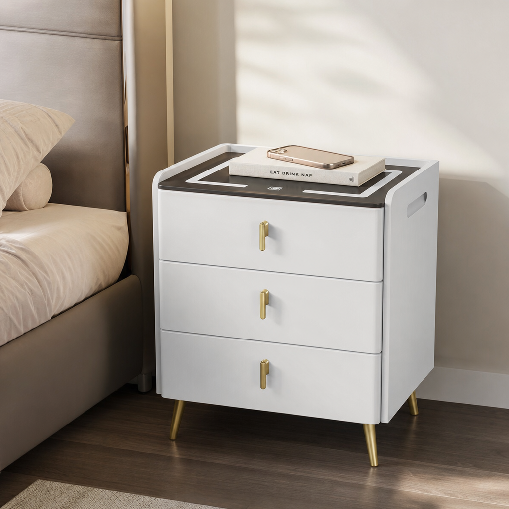 Noptieră Smart cu 3 sertare, încărcare wireless, LED, Bluetooth, USB și Type-C, alba