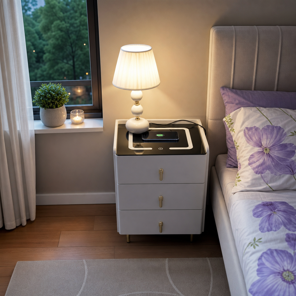 Noptieră Smart cu 3 sertare, încărcare wireless, LED, Bluetooth, USB și Type-C, alba