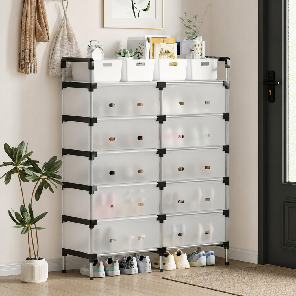 Pantofar Dublu cu 5 Nivele Organizare Incaltaminte Metal Negru - in context de utilizare