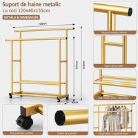 Suport dublu pentru haine,  metalic, cu roti, 120x40x155cm, Auriu