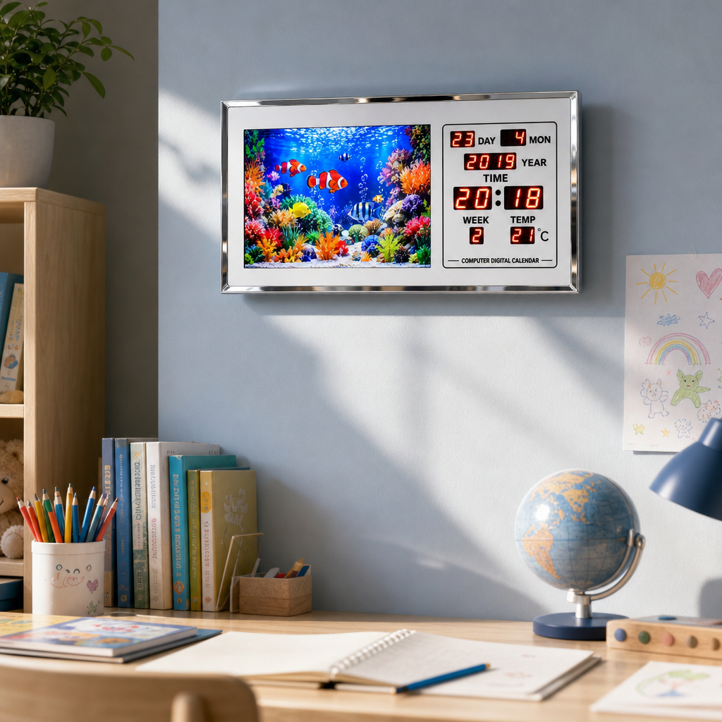 Ceas Veioza Acvariu Rotativ 936B-W cu Termometru Calendar Digital LED - in context de utilizare