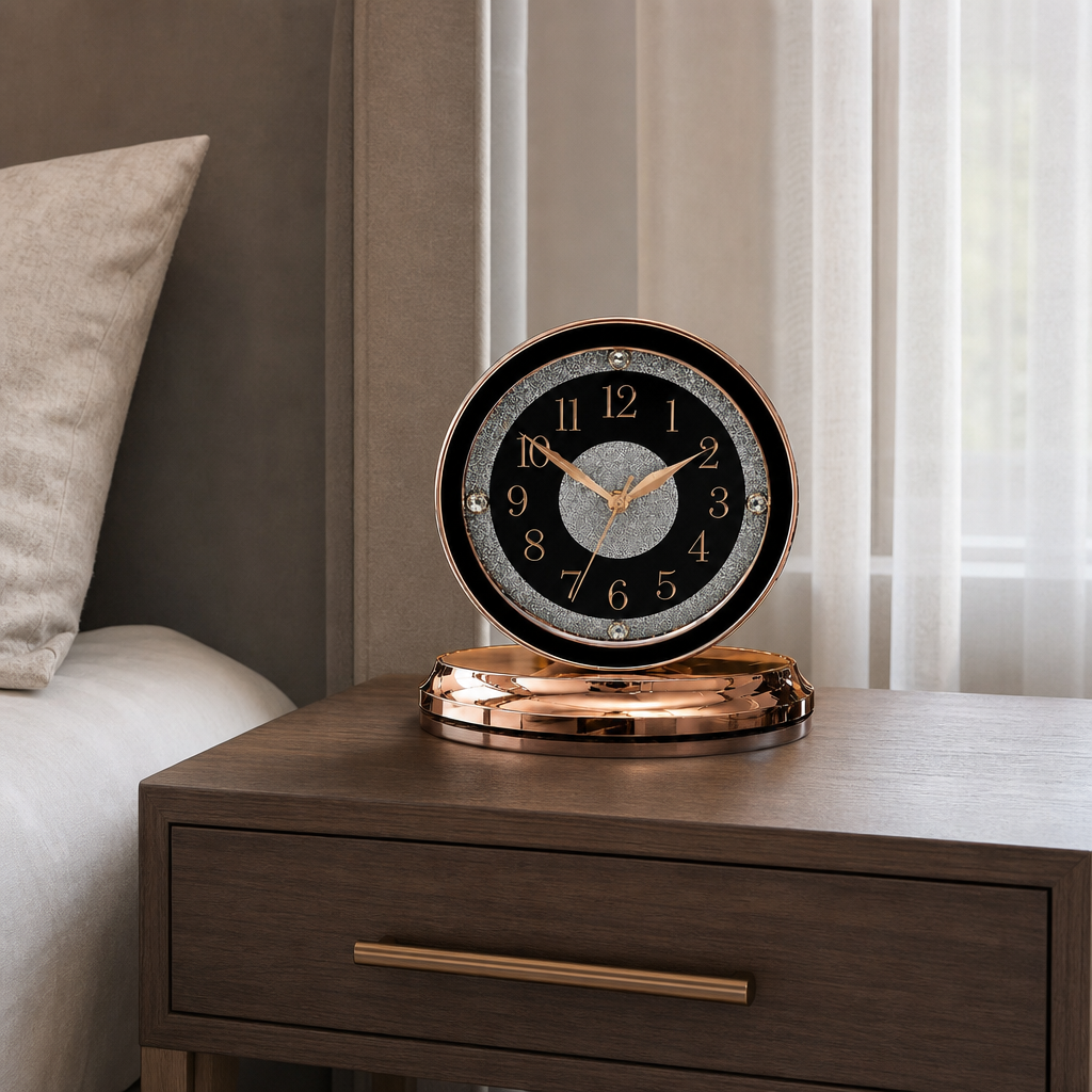 Ceas de masă decorativ premium, finisaj Rose Gold – mecanism silențios, design elegant, funcționare pe baterie 25.5 x26 cm - in context de utilizare