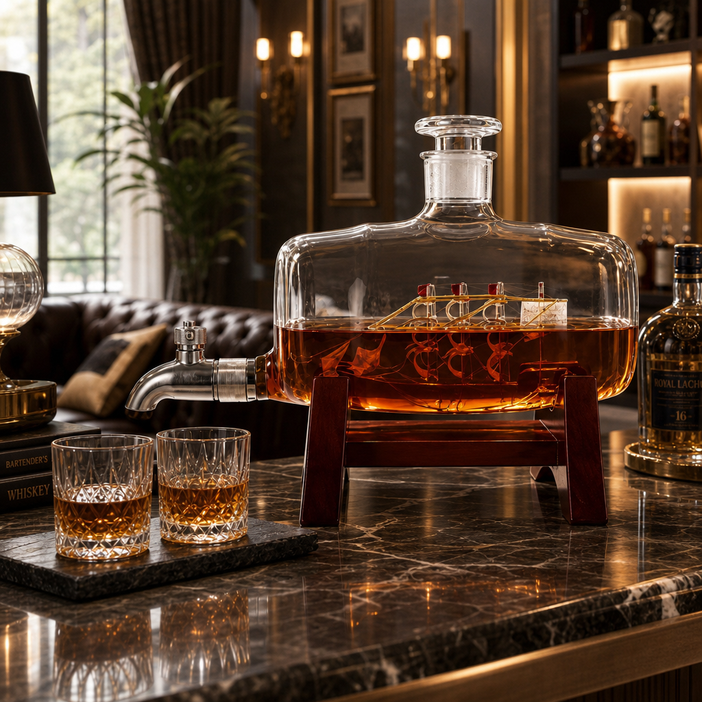 Decantor Premium pentru Whisky cu Corabie în Interior, Robinet Metalic și Suport din Lemn – Design Elegant pentru Bar, Birou sau Cadou - in context de utilizare