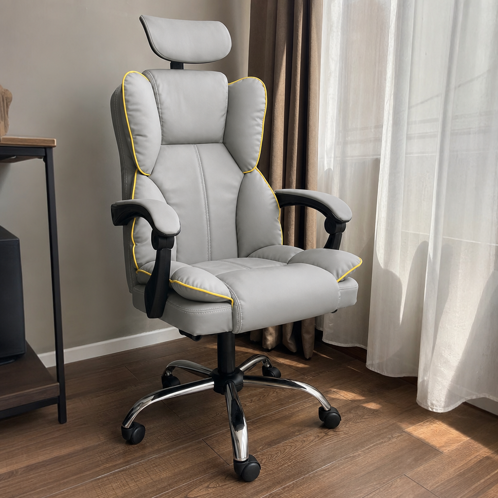Scaun Birou Ergonomic Directorial Gri Piele Ecologica Spatar Reglabil 90-145 - detaliu produs