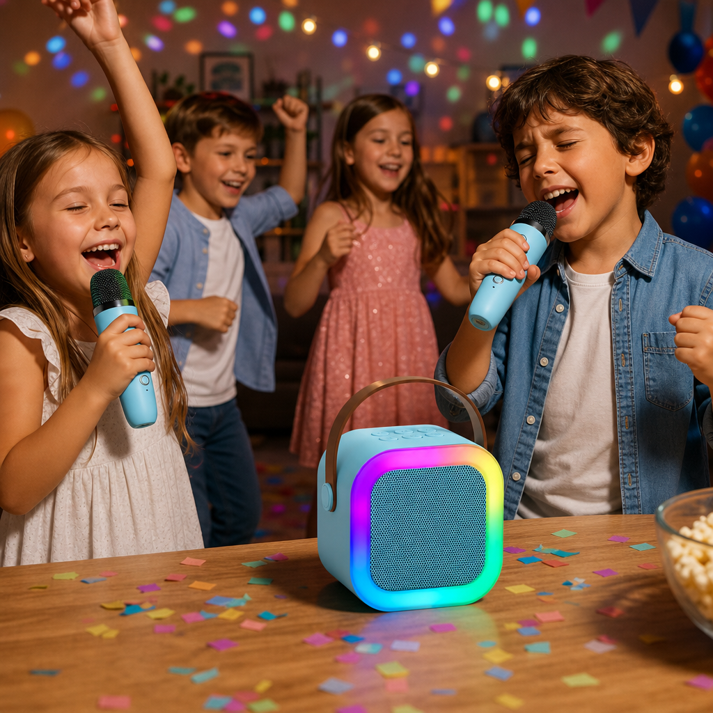Boxa Portabila Karaoke pentru Copii cu 2 Microfoane Wireless Bluetooth Lumini RGB Roz sau Albastru