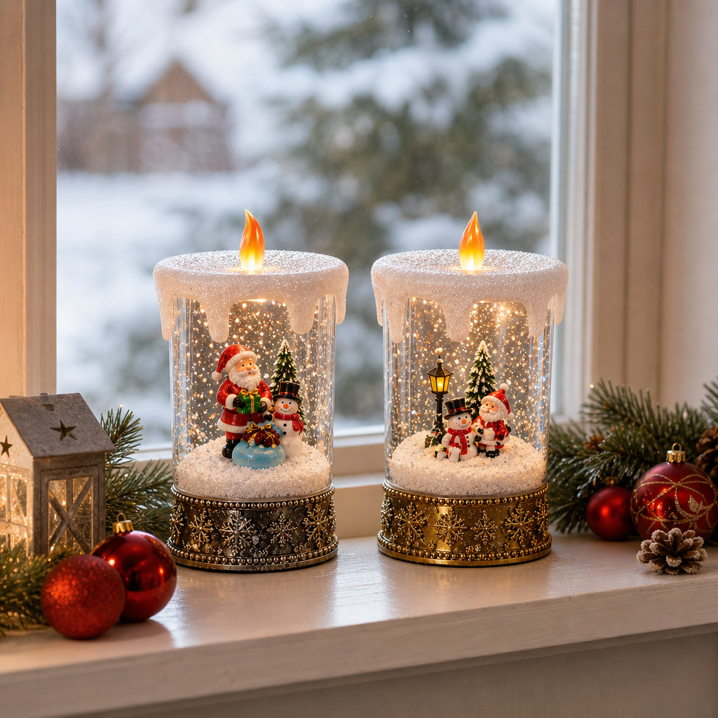 Decorațiune de Crăciun Premium tip Lumânare cu Moș Crăciun și Om de Zăpadă, Iluminare Caldă și Efect de Ninsoare – 12 × 12 × 28,5 cm - in context de utilizare