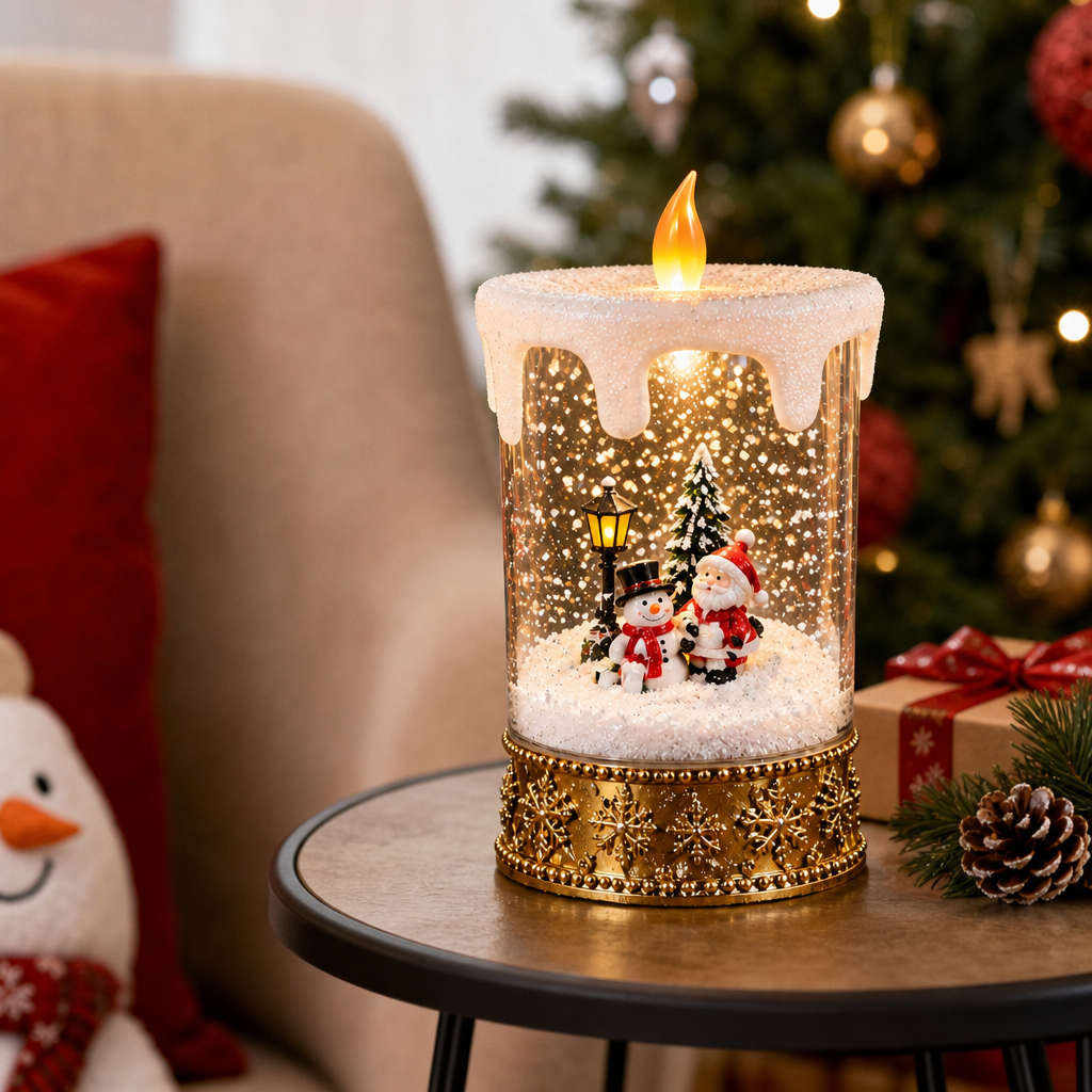 Decorațiune de Crăciun Premium tip Lumânare cu Moș Crăciun și Om de Zăpadă, Iluminare Caldă și Efect de Ninsoare – 12 × 12 × 28,5 cm - in context de utilizare