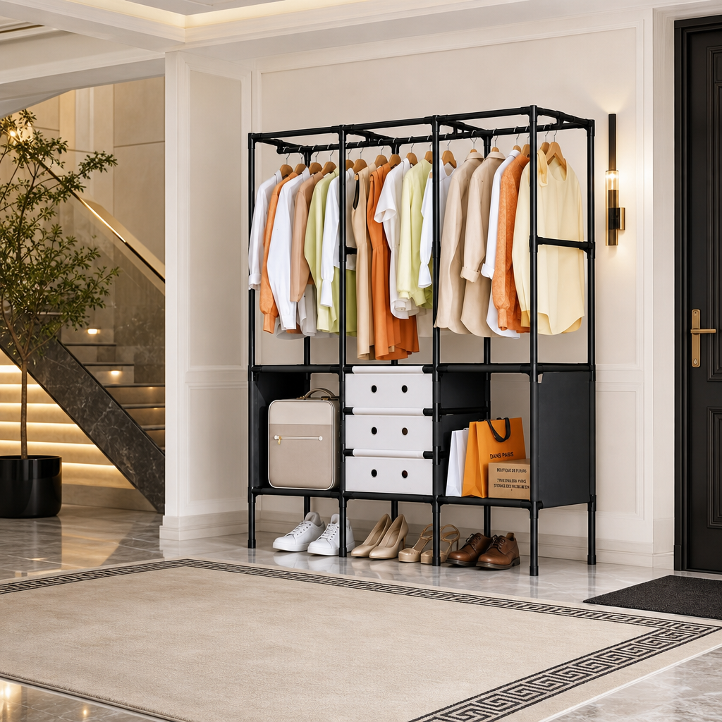 Dulap Textil Modular 122x41x188cm cu Usi Rabatabile Organizator Haine Cadru Metalic - in context de utilizare