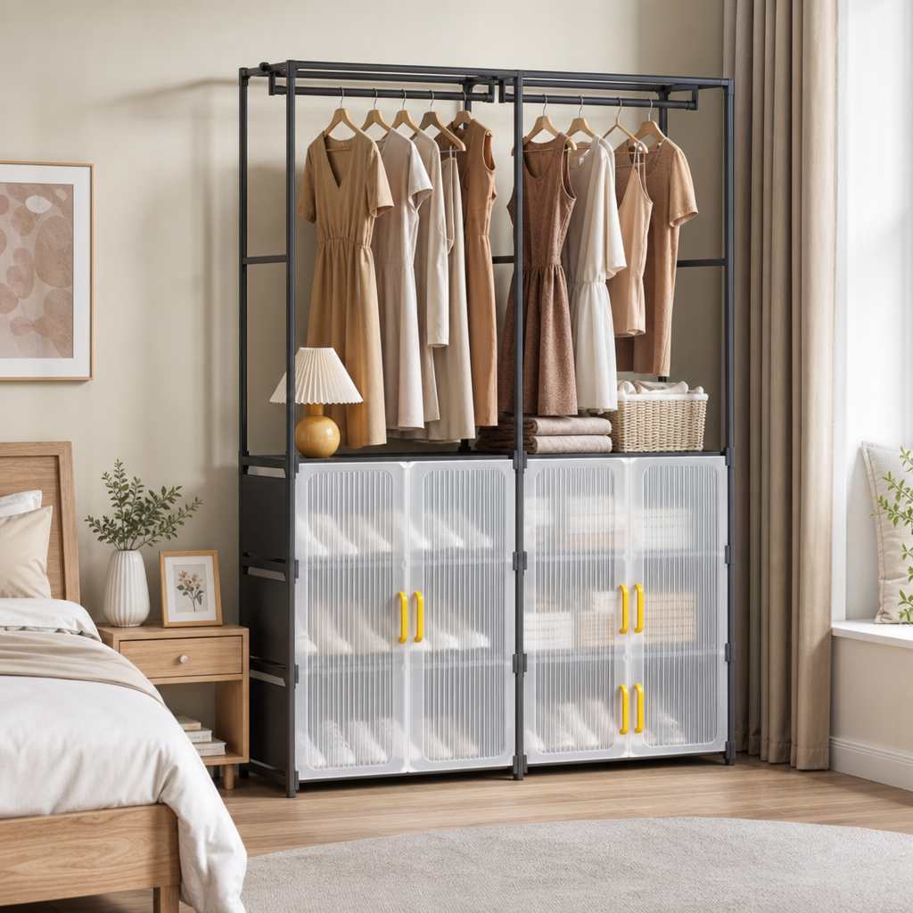 Dulap pentru Pantofi cu Usa Dubla 6 Sertare si Suport Haine 175x30.5x114 cm - in context de utilizare