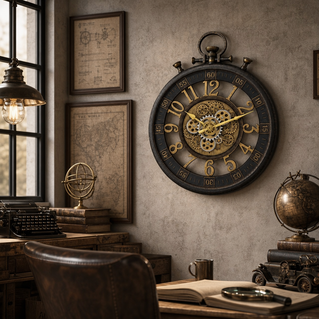 Ceas de Perete Premium Industrial Tervalion cu Mecanism Rotativ Vizibil, Design Vintage – Diametru 60 cm - in context de utilizare
