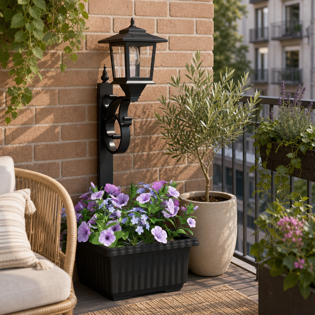 Lampă Solară de Grădină cu Jardinieră Integrată, Felinar LED și Design Decorativ – 29 × 28 × 74 cm - in context de utilizare