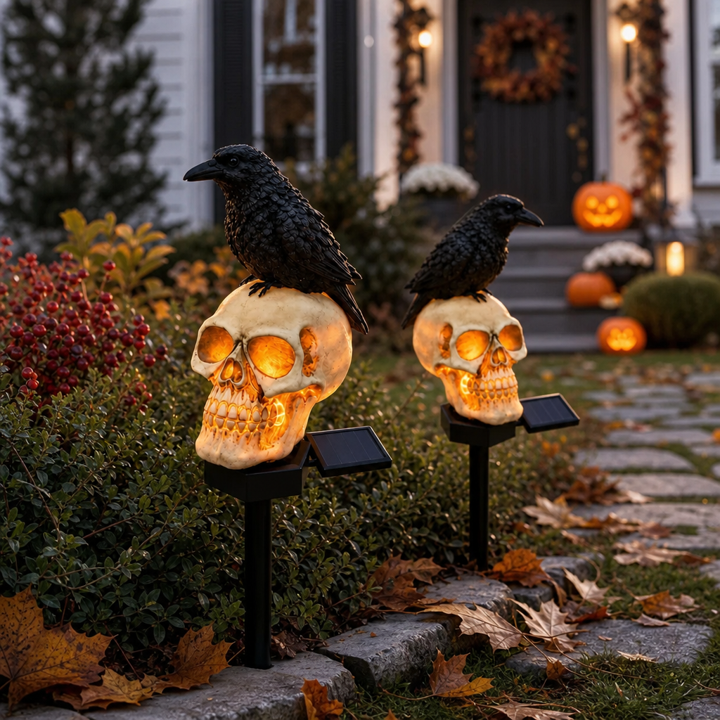 Set 2 Lampi Solare Halloween cu Craniu si Cioara Decoratiuni Gradina Curte - in context de utilizare