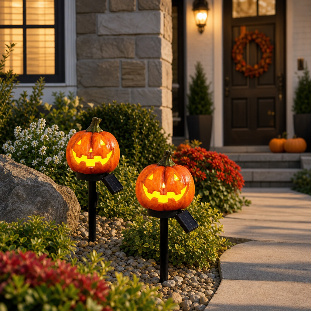 Set 2 Lampi Solare Halloween Dovleac pentru Gradina Decor Exterior LED - in context de utilizare