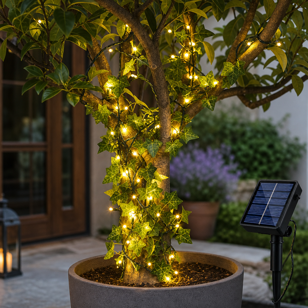 Instalatie solara LED tip iedara cu frunze artificiale lumina calda 7m 50 LED-uri sau 12m 100 LED-uri - in context de utilizare