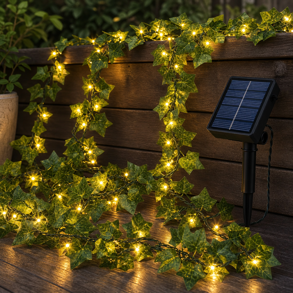Instalatie solara LED tip iedara cu frunze artificiale lumina calda 7m 50 LED-uri sau 12m 100 LED-uri - in context de utilizare
