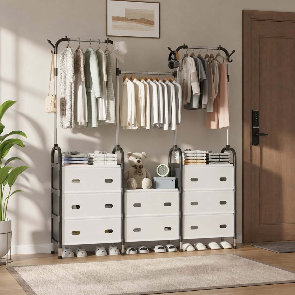 Dulap Modular Organizator Haine 125x28x165cm Cadru Metalic Usi Rabatabile Depozitare - in context de utilizare