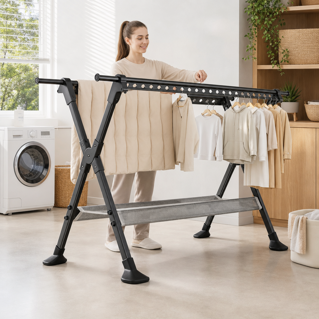 Uscator de rufe multifunctional, pliabil si extensibil 127–236 cm, Negru