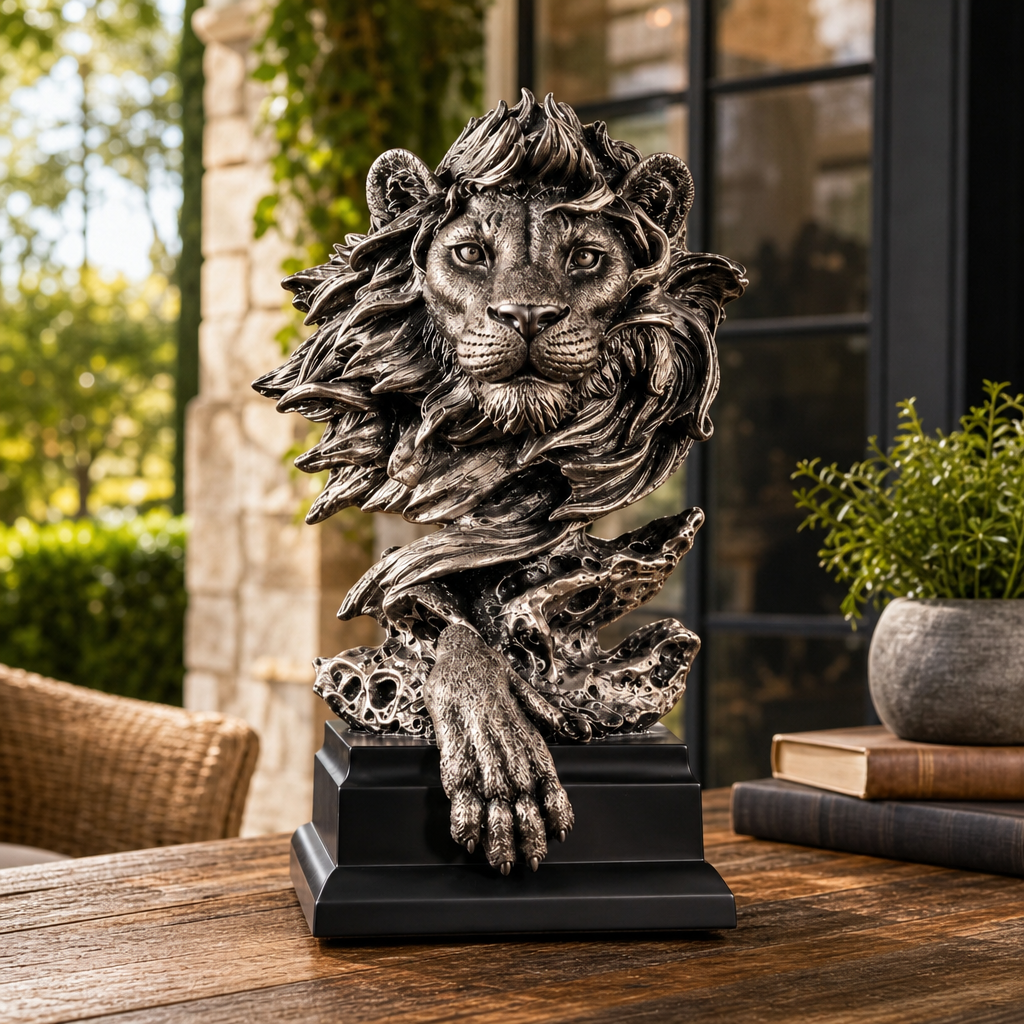 Statueta Decorativa Premium Leu din Rasina pe Soclu Finisaj Metalic Antichizat 30.5cm - detaliu produs